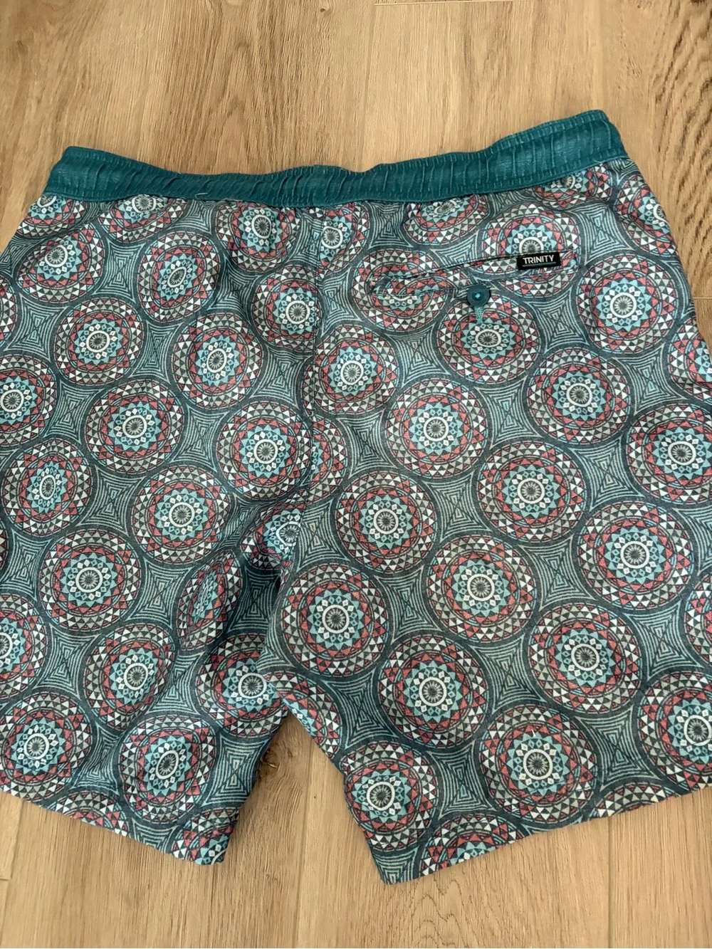 Trinity Teal & Red Geometric Medallion Swim Trunks